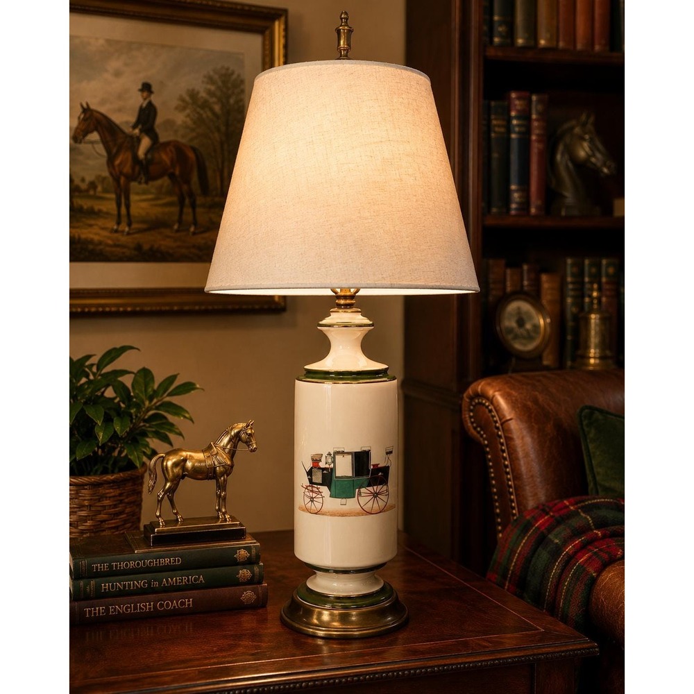 Vintage Ceramic Table Lamp Horse Carriage Coach white & Brass 29" NO SHADE